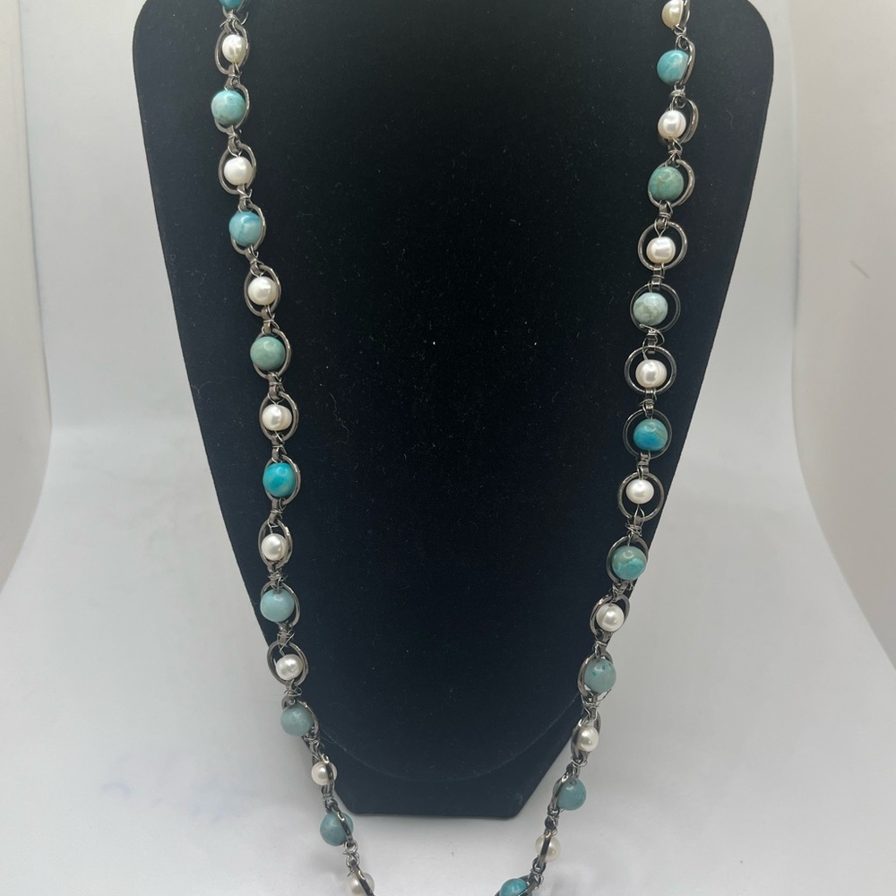 Vintage Style Link Necklace with Real Pearls & Blue-Green Stone Beads 26”